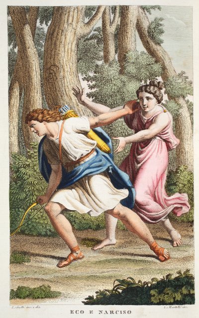 Eco e Narciso, Libro III, illustrazione dalle Metamorfosi di Ovidio, Firenze, 1832 da Luigi Ademollo